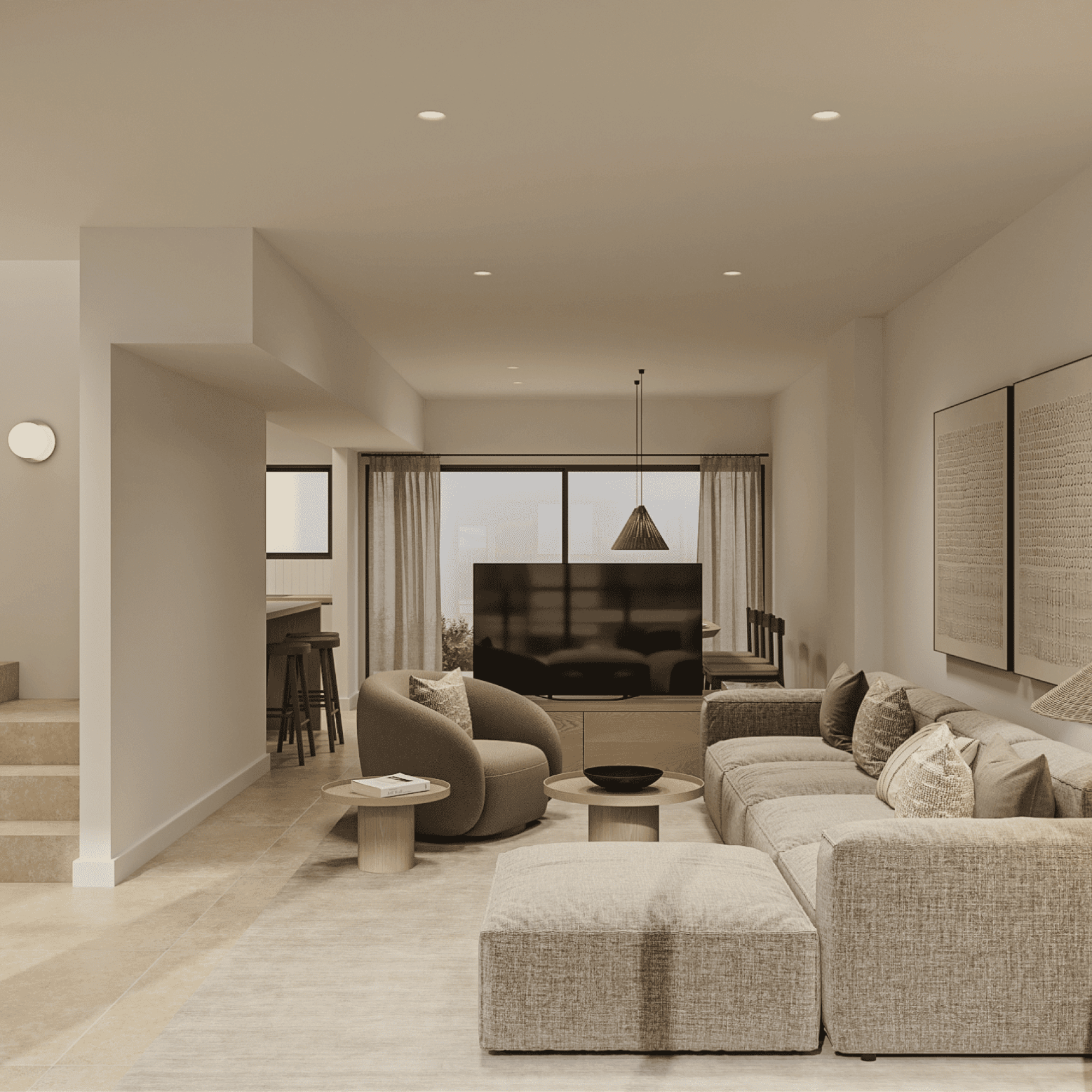 Render salón de la vivienda Los Portales en Arucas - Peboma